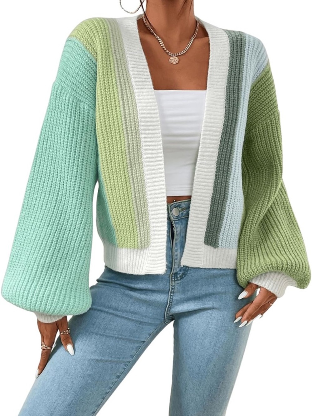 Striped Open-Front Knit Cardigan Sweater - Green Multi